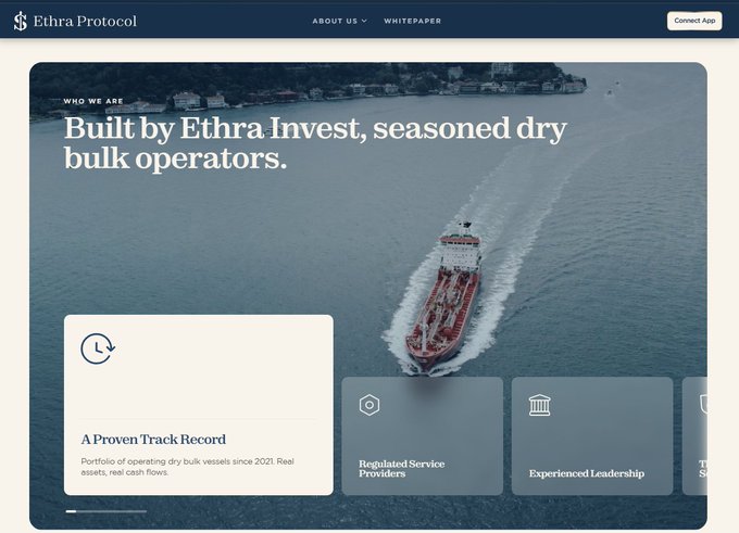 Website screenshot for 'Ethra Protocol' featuring the headline 'Built by Ethra Invest, seasoned dry bulk operators' over an image of a ship, with sections for 'A Proven Track Record,' 'Regulated Service Providers,' and 'Experienced Leadership.'