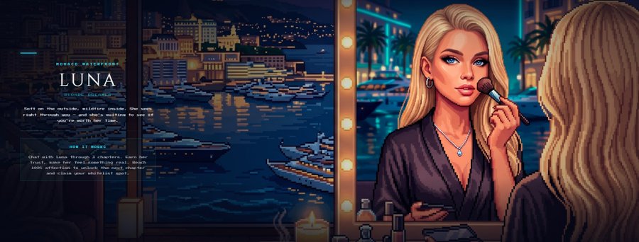 A pixel-art style illustration of a blonde woman named 'LUNA' applying makeup in front of a vanity mirror, with a harbor cityscape visible through the window behind her.