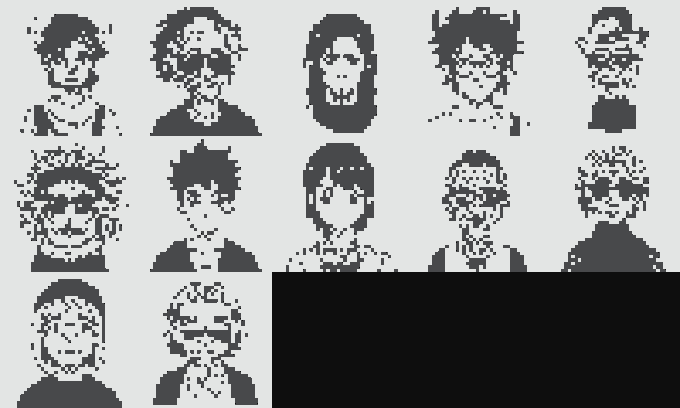A grid of pixel art character portraits in black and white, displaying various stylized faces with different hairstyles and expressions.