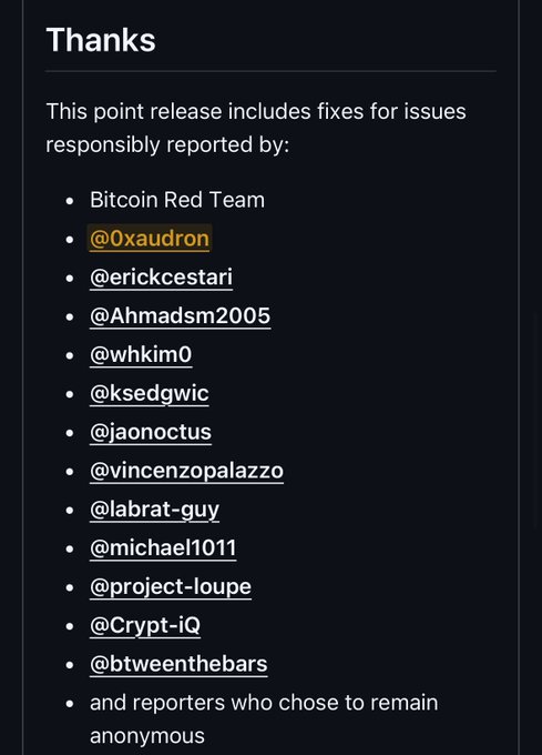 A "Thanks" page acknowledging security researchers who responsibly reported issues, listing contributors including Bitcoin Red Team, @0xaudron, @erickcestari, @Ahmadsm2005, @whkim0, @ksedgwic, @jaonoctus, @vincenzopalazzo, @labrat-guy, @michael1011, @project-loupe, @Crypt-iQ, @btweenthebars, and anonymous reporters.