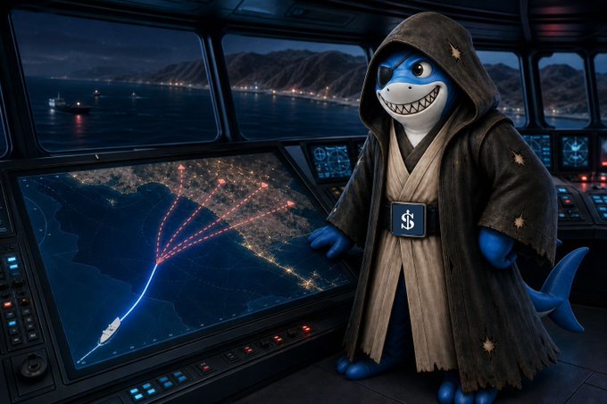 AI-generated image of an anthropomorphic blue shark character dressed as a Jedi, wearing a brown hooded robe with a dollar sign belt buckle, standing in a high-tech ship bridge looking at a map screen displaying ship routes.