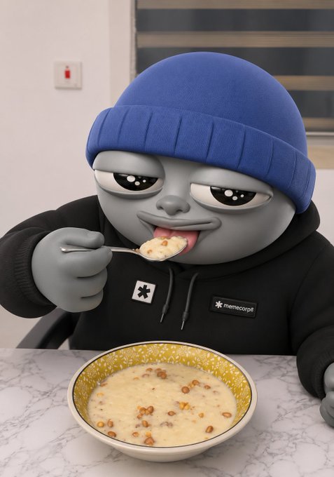 A meme character figure (memecorp) in a black hoodie and blue beanie eating cereal from a yellow patterned bowl on a marble countertop.