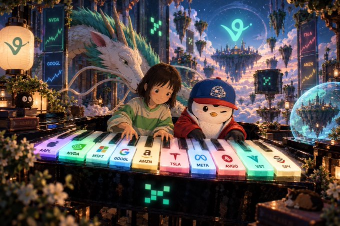 An anime-style illustration shows a child and a penguin character playing a piano with keys labeled with stock tickers like AAPL, NVDA, MSFT, GOOGL, AMZN, TSLA, META, and GOOG.