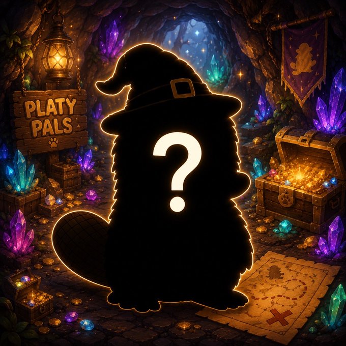 A fantasy illustration of a dark cave filled with treasure, glowing crystals, and a lantern, featuring a central silhouette of a beaver-like creature wearing a wizard hat with a question mark on it. A wooden sign reads 'PLATY PALS'.