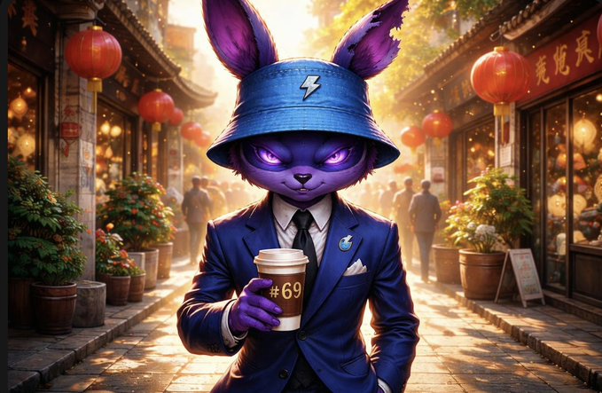 Stylized AI art of a purple anthropomorphic rabbit character in a blue suit and bucket hat holding a coffee cup labeled '#69' in a traditional Chinese street with red lanterns.