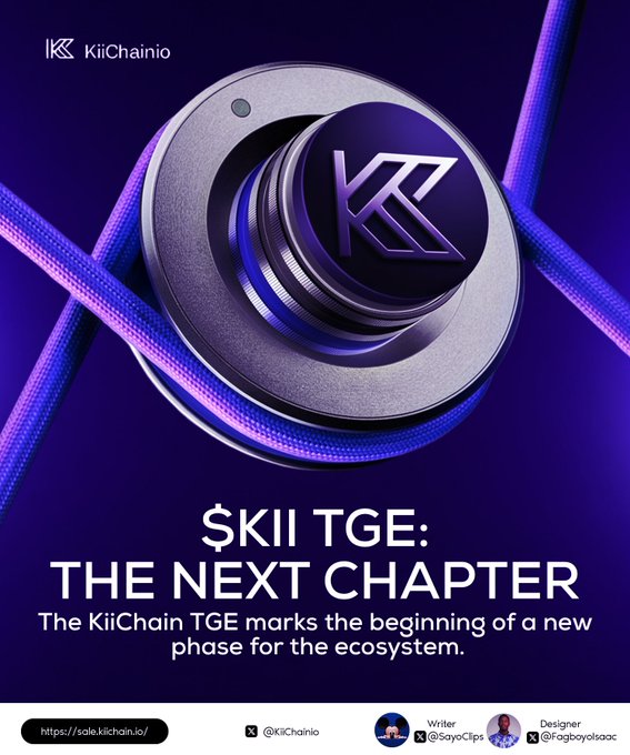 A promotional graphic for the $KII TGE (Token Generation Event) on KiiChain.io, featuring a sleek 3D metallic coin with the KiiChain logo wrapped in glowing purple cables against a dark purple background. The bold headline "$KII TGE: THE NEXT CHAPTER" emphasizes the launch milestone, visually reinforcing the post's announcement that $KII is officially live and signaling the start of a new phase for the ecosystem.