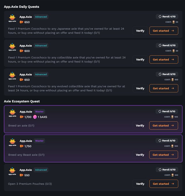 A screenshot of App.Axie Daily Quests and Axie Ecosystem Quest dashboard showing various tasks with BP point rewards and AXS token costs for activities like feeding Cocochoco and breeding Axies.