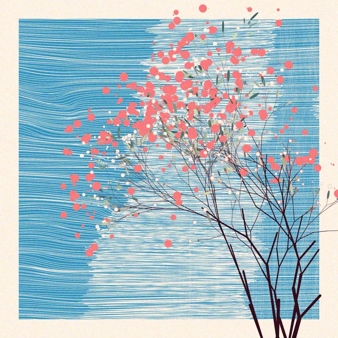 A stylized illustration of a tree with red and white blossoms set against a blue horizontally lined sky.