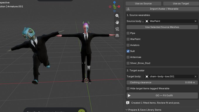 A 3D modeling software interface (Blender) showing avatar armature fitting, where a source body wearing a WarPaint helmet and Suit is being fitted to a target 'cham-body-low.001' avatar, with options for Wearable, Suit, and other clothing elements.