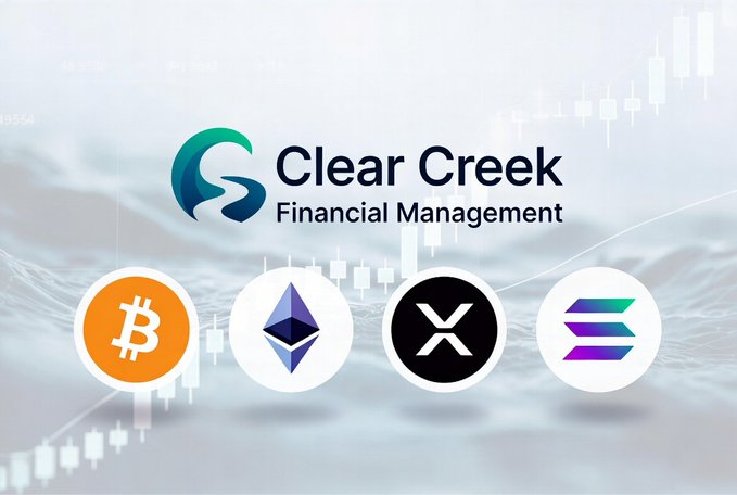 The image displays the "Clear Creek Financial Management" logo above circular icons representing Bitcoin (₿), Ethereum (Ξ), XRP, and Solana, set against a background of candlestick price charts. It visually reinforces the post's announcement of the firm's $15.1M ETF holdings across BTC, ETH, XRP, and SOL, highlighting the notable inclusion of XRP even within a fraction of its $1.5B+ AUM portfolio.