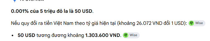 Vietnamese text explaining currency conversion: '0.001% of 5 million dollars is 50 USD' and '50 USD equals approximately 1,303,600 VND' at an exchange rate of about 26,072 VND per USD.