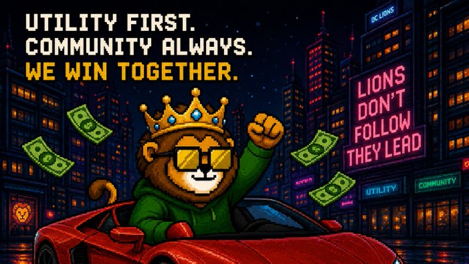 A pixel art promotional image featuring a monkey character wearing a crown, sunglasses, and a green hoodie, sitting in a red sports car with money flying around. The text reads 'UTILITY FIRST. COMMUNITY ALWAYS. WE WIN TOGETHER.' and 'LIONS DON'T FOLLOW THEY LEAD'.