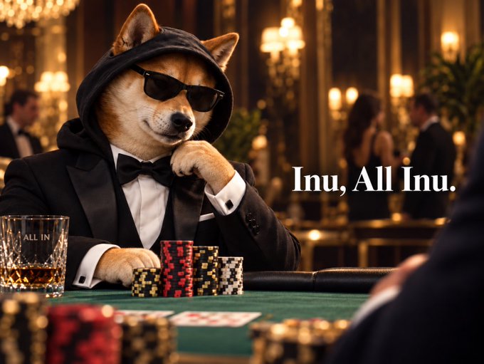 An AI-generated image of a Shiba Inu dog wearing sunglasses and a tuxedo with a bowtie, sitting at a poker table with chips, with the text 'Inu, All Inu.' displayed.