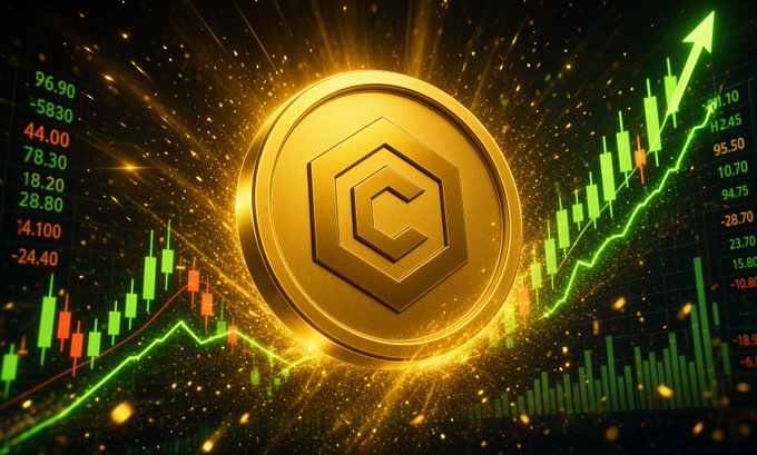 A digital artwork of a glowing gold coin featuring a stylized 'C' logo, surrounded by green candlestick charts and upward arrows indicating a rising market.