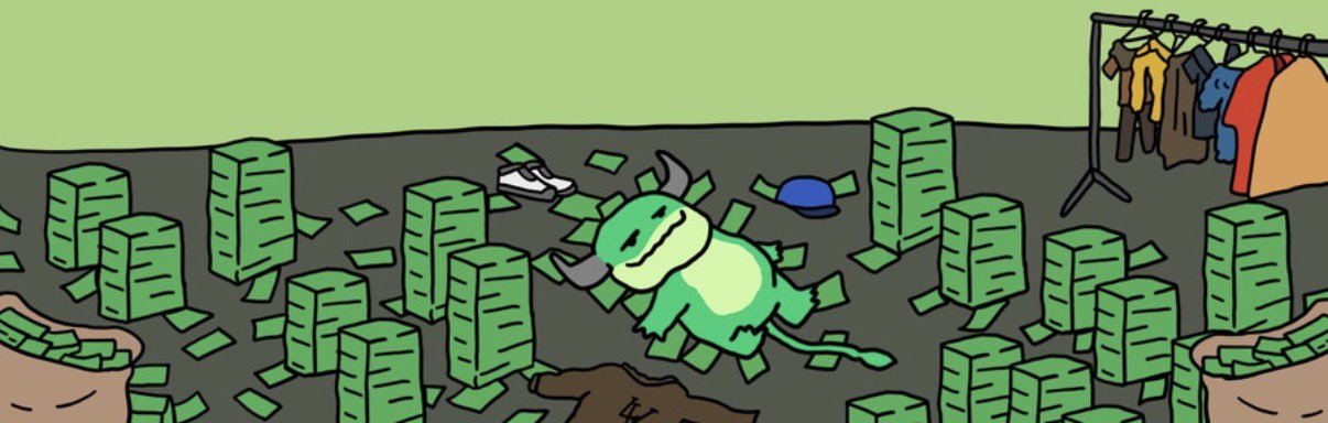 Cartoon illustration of a green bull character lying contentedly on the floor surrounded by scattered bundles of cash, with a clothing rack in the background.