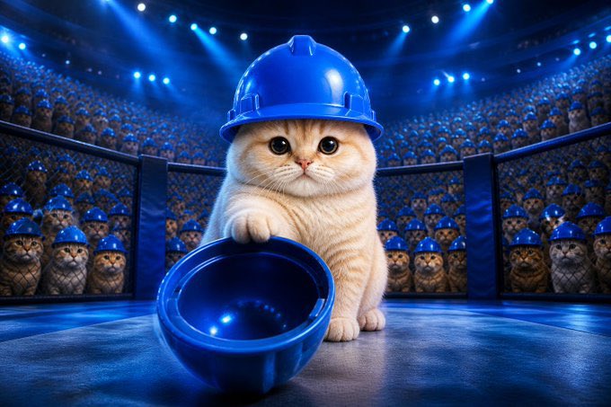 A determined orange cat wearing a blue hard hat stands in an arena, tipping over an empty blue bowl while a crowd of helmeted feline onlookers watches, symbolizing the $BASECAT community's growing influence yet still-empty listing prospects on major platforms despite high-profile endorsements.