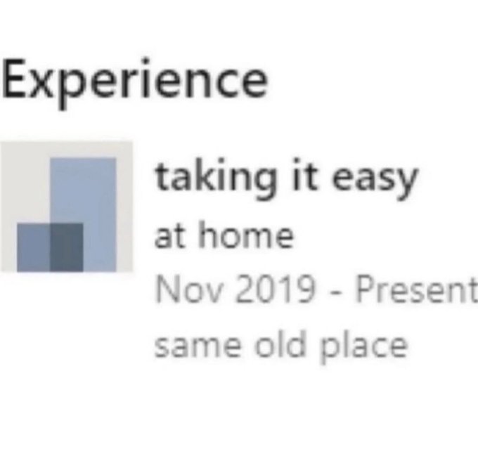 A screenshot of a resume section titled 'Experience' showing an entry for 'taking it easy at home' from 'Nov 2019 - Present' at 'same old place'.