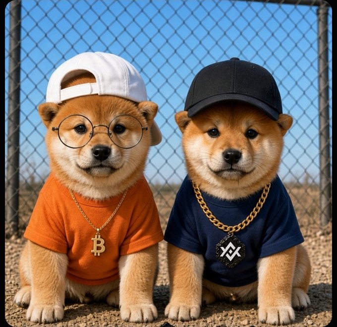 A stylized, AI-generated image of two Shiba Inu puppies sitting in front of a chain-link fence; one wears glasses, a white cap, an orange shirt, and a Bitcoin necklace, while the other wears a black cap, a blue shirt, and a cryptocurrency chain.