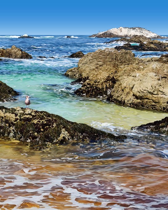 A coastal scene features a small bird perched on a rocky shoreline with turquoise water, crashing waves, and distant islands under a clear blue sky.