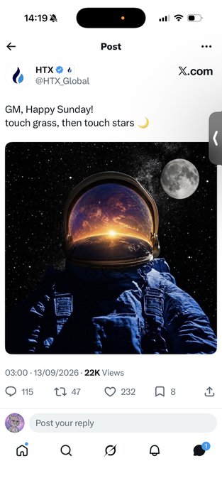 A screenshot of a post on X (Twitter) from the account HTX (@HTX_Global) reading 'GM, Happy Sunday! touch grass, then touch stars 🌙', featuring an image of an astronaut with the reflection of Earth and stars in the helmet visor alongside a moon.