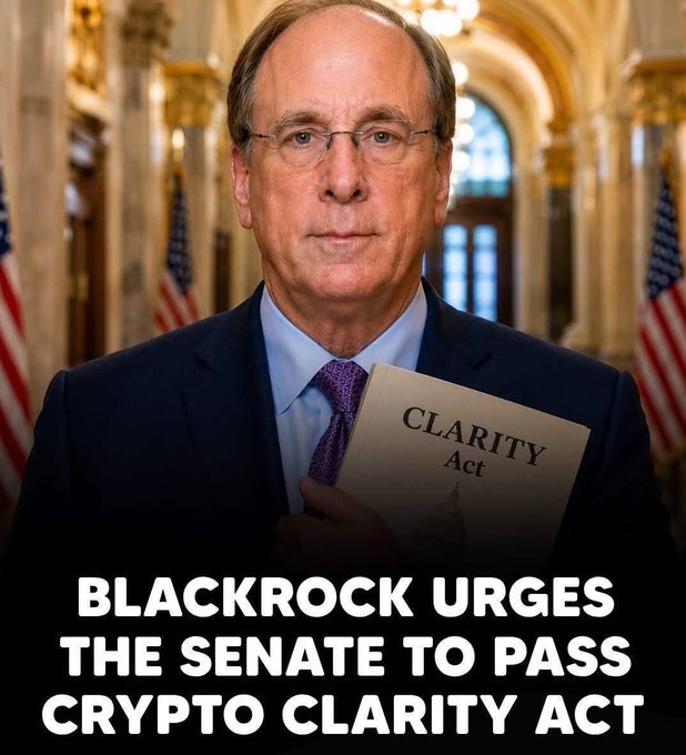 Larry Fink of BlackRock holds a copy of the "CLARITY Act," urging the Senate to pass it to bring clarity to the cryptocurrency industry.