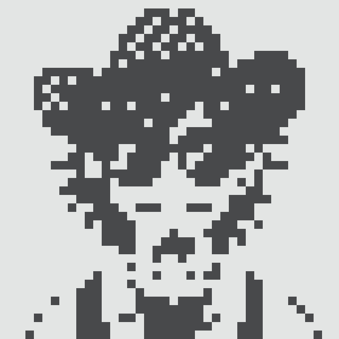 A pixelated portrait illustration in dark navy blue on a white background, depicting a person with a patterned headband covering their eyes in a stylized, retro 8-bit art style.