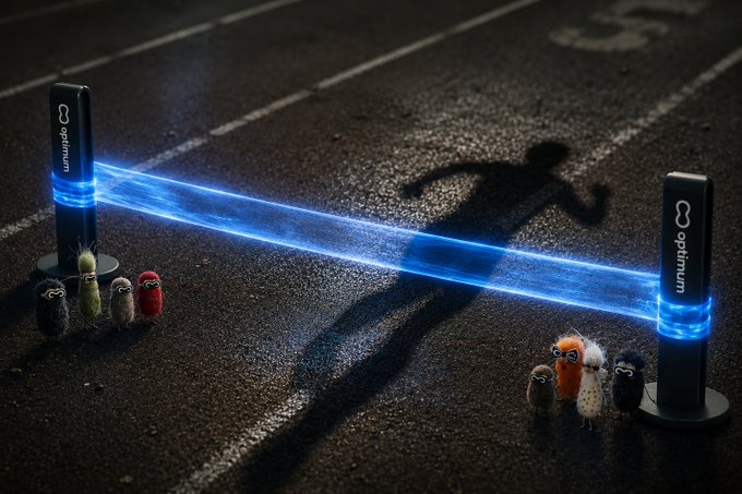 A toy runner's shadow crosses a finish line marked by "optimum" branded timing gates emitting blue light beams, with small plush characters positioned on either side—visually reinforcing the post's message that blockchain validators must cross the network's timing threshold decisively, since being "almost fast" isn't enough.