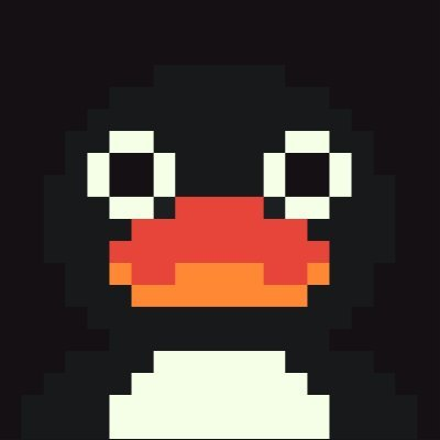 A pixel art illustration of a black penguin with a red and orange beak and large white eyes on a dark background.