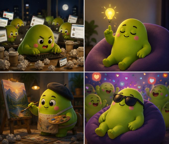 The image consists of four different photos featuring green cartoon characters with unique personalities. In each photo, one character is depicted as a person sitting or lying down while using various objects such as a laptop, cup, brush, and paint palette. The first character in the top left corner has a laptop open on their lap, while another character in the top right corner holds a cup. A third character in the bottom left corner is holding a paint palette with a smile on their face. In the center of each photo, there's a green cartoon character sitting or lying down and using an object like a brush or laptop. The bottom row of photos features characters in various poses and settings, such as sitting or lying down while holding objects like a cup or paint palette.