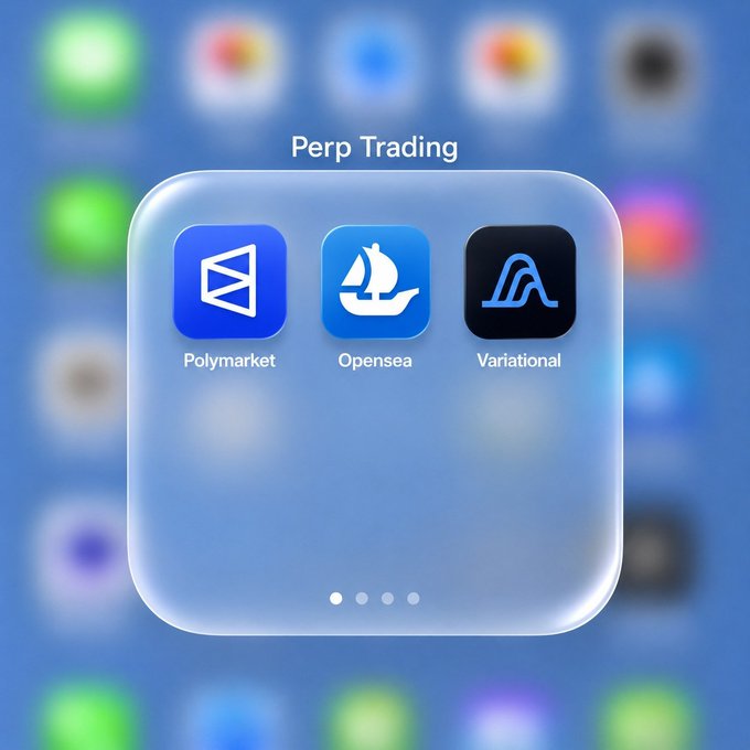 An app folder on a smartphone screen titled 'Perp Trading' containing icons for Polymarket, Opensea, and Variational.