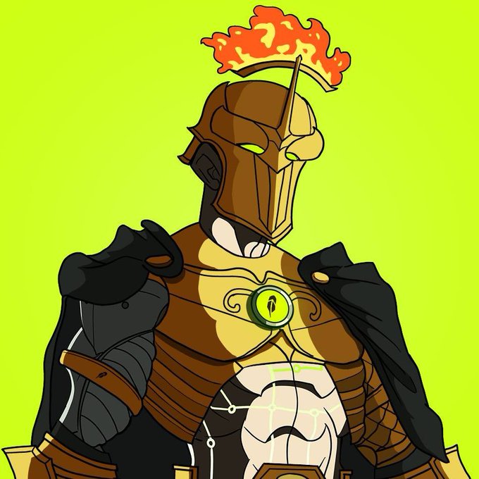 A stylized illustration of a futuristic knight or warrior wearing a brown and gold helmet topped with a flaming plume, featuring glowing green circuit-like details on the chest and armor against a bright lime green background. The image reflects the post's theme of Titans' visual language by depicting one of the mythology/futuristic fantasy characters the collection builds around.