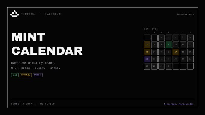 A website interface for 'TESSERA · CALENDAR' with the heading 'MINT CALENDAR' and subtitle 'Dates we actually track. UTC · price · supply · chain,' featuring a September 2020 calendar on the right side.