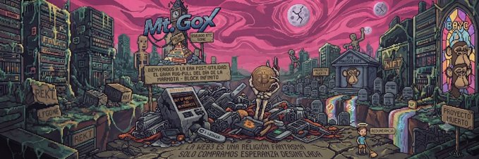 A chaotic, cartoon-style digital illustration titled 'Mr.Cox' shows a surreal landscape of ruined buildings, floating clocks, and a skull-headed figure, accompanied by Spanish text describing a 'post-fantasía' religion.