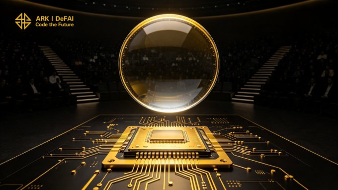 A glowing golden circuit chip and floating glass sphere take center stage on a futuristic stage, with the "ARK | DeFAI Code the Future" logo in the top-left corner, symbolizing the powerful fusion of cutting-edge technology and the ARK community driving real-world AI innovation.