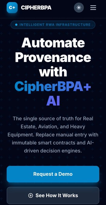 A mobile website screenshot for 'CIPHERBPA' promoting 'Automate Provenance with CipherBPA+ AI', described as a single source of truth for Real Estate, Aviation, and Heavy Equipment, with 'Request a Demo' and 'See How It Works' buttons.