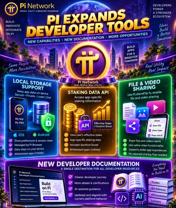 The image is a vibrant promotional graphic for Pi Network's expanded developer tools, showcasing new capabilities for app builders on the platform. It features a cosmic cityscape background with the Pi Network logo prominently displayed, and highlights three key developer features: Local Storage Support (with iOS and Android compatibility), a Staking Data API for accessing app-specific staking information, and a File & Video Sharing tool using PiShareFile. The graphic also promotes new developer documentation resources, emphasizing themes of building, innovating, and integrating within the Pi ecosystem, aligning with the accompanying post's announcement of new developer capabilities and resources.