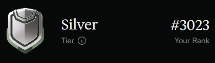 A dark screen displaying a silver tier rank badge with the text "Silver", "Tier 0", "#3023", and "Your Rank".