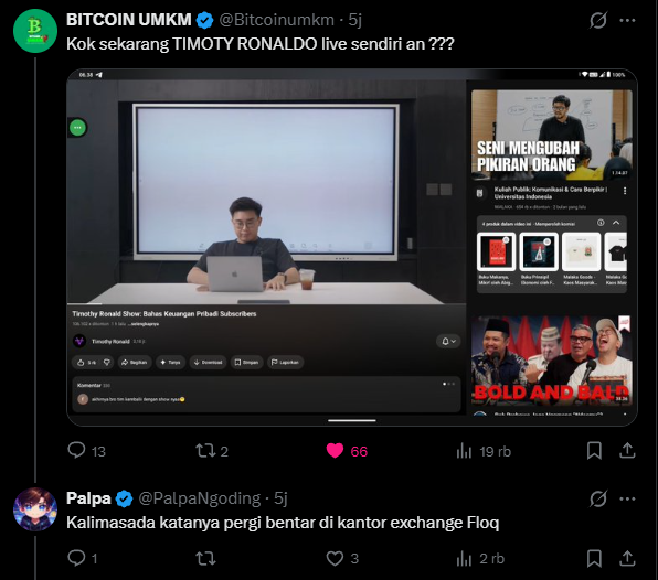 A Twitter/X post from BITCOIN UMKM with the caption 'Kok sekarang TIMOTY RONALDO live sendiri an ???' showing a YouTube live stream by Timothy Ronald titled 'Bahas Keuangan Pribadi Subscribers'.