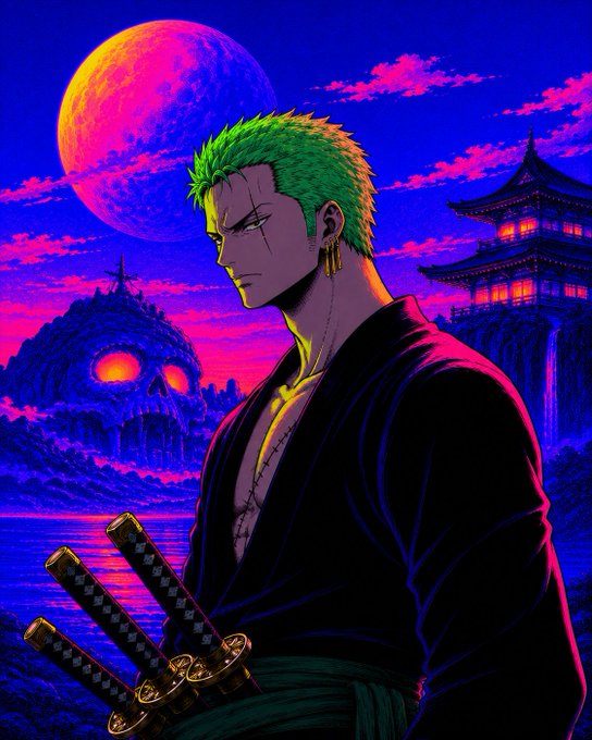 An anime-style illustration of Roronoa Zoro from One Piece with green hair and three swords, set against a vibrant pink moon and a Japanese pagoda.