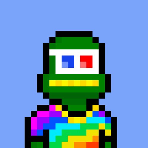 A pixel art character with a green head, wearing 3D glasses with red and blue lenses, and a colorful pixelated shirt against a blue background.