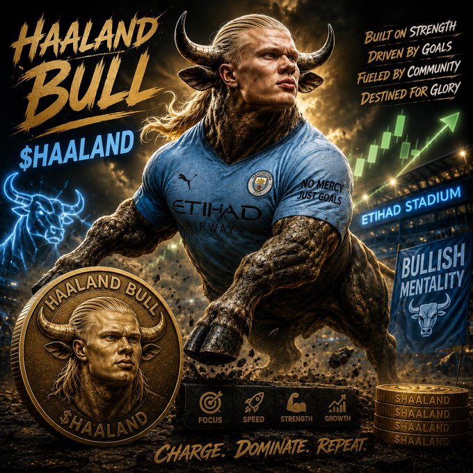 A hype-style digital poster titled 'HAALAND BULL' featuring Erling Haaland as a muscular minotaur in a Manchester City jersey, alongside a $HAALAND meme coin promotion with the tagline 'CHARGE. DOMINATE. REPEAT.'