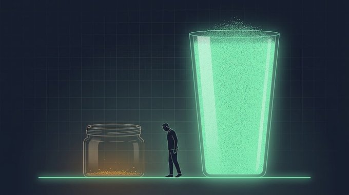 A conceptual illustration showing a small figure of a person looking up at a glass jar with minimal gold contents next to a much larger glass filled with glowing green particles, suggesting a comparison of scale.