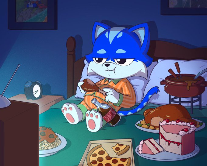 In the image, a cartoon cat is sitting on top of an orange bedspread with its paws resting on a pizza box that has slices of pizza on it. The cat appears to be enjoying some pizza while watching TV. There are also other food items in the scene, including a cake and a bowl of soup. The post "The onchain activity on Fry-day" suggests that this image is related to a cartoon character or a cartoon series set during Fry Day, which is a day dedicated to fried foods.