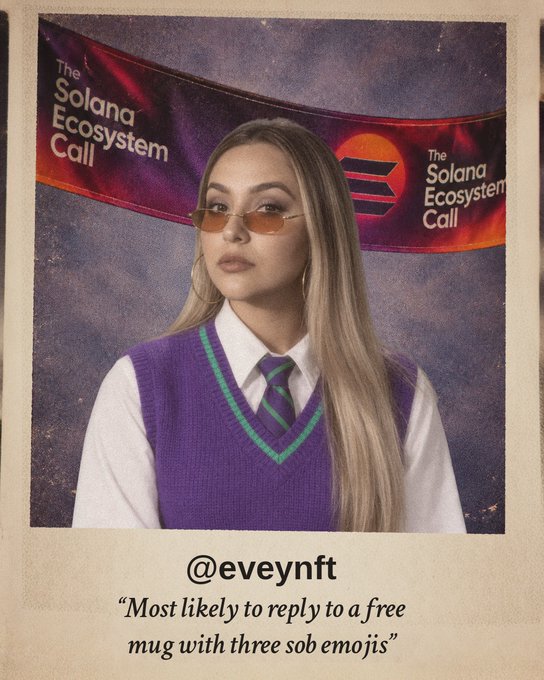A vintage-style portrait of a woman with long blonde hair wearing orange sunglasses and a purple sweater vest, posed in front of 'The Solana Ecosystem Call' banner with the handle '@eveynft' and a humorous caption below.