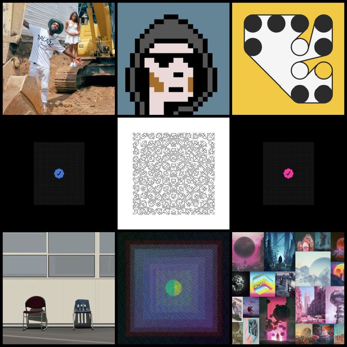 A 3x3 grid collage of various unrelated images including a pixel art character, people near construction equipment, a stylized 'M' logo, checkmarks, abstract patterns, and AI-generated artwork.