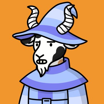 A cartoon illustration of a goat character wearing a purple and blue striped wizard hat and coat against an orange background.