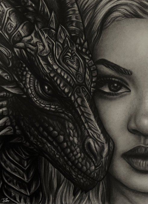 A detailed black and white pencil drawing showing a woman's face beside an intricately patterned dragon or reptilian creature, with the artist's signature in the lower left corner.