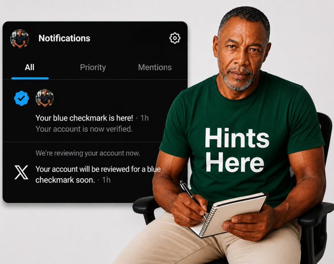 A man wearing a green "Hints Here" t-shirt sits with a notebook and pen beside a screenshot of X (formerly Twitter) notifications confirming, "Your blue checkmark is here! Your account is now verified." The image visually supports the post's announcement of his account being cleared and his verified blue checkmark being restored.
