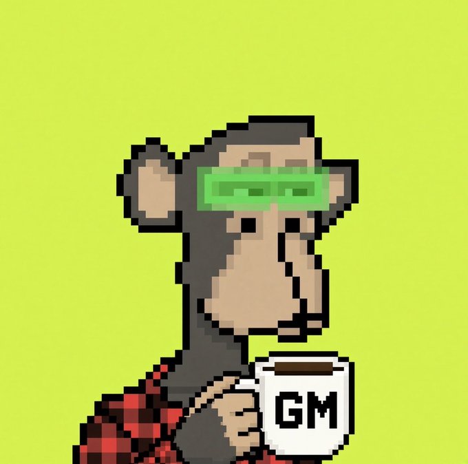 A pixel art image of a monkey wearing a red plaid shirt and green pixel sunglasses, holding a white mug labeled 'GM' against a lime green background.