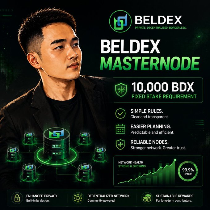 Marketing graphic for BELDEX Masternode featuring a young man, highlighting a 10,000 BDX fixed stake requirement, simple rules, easier planning, reliable nodes, and 99.9% uptime.